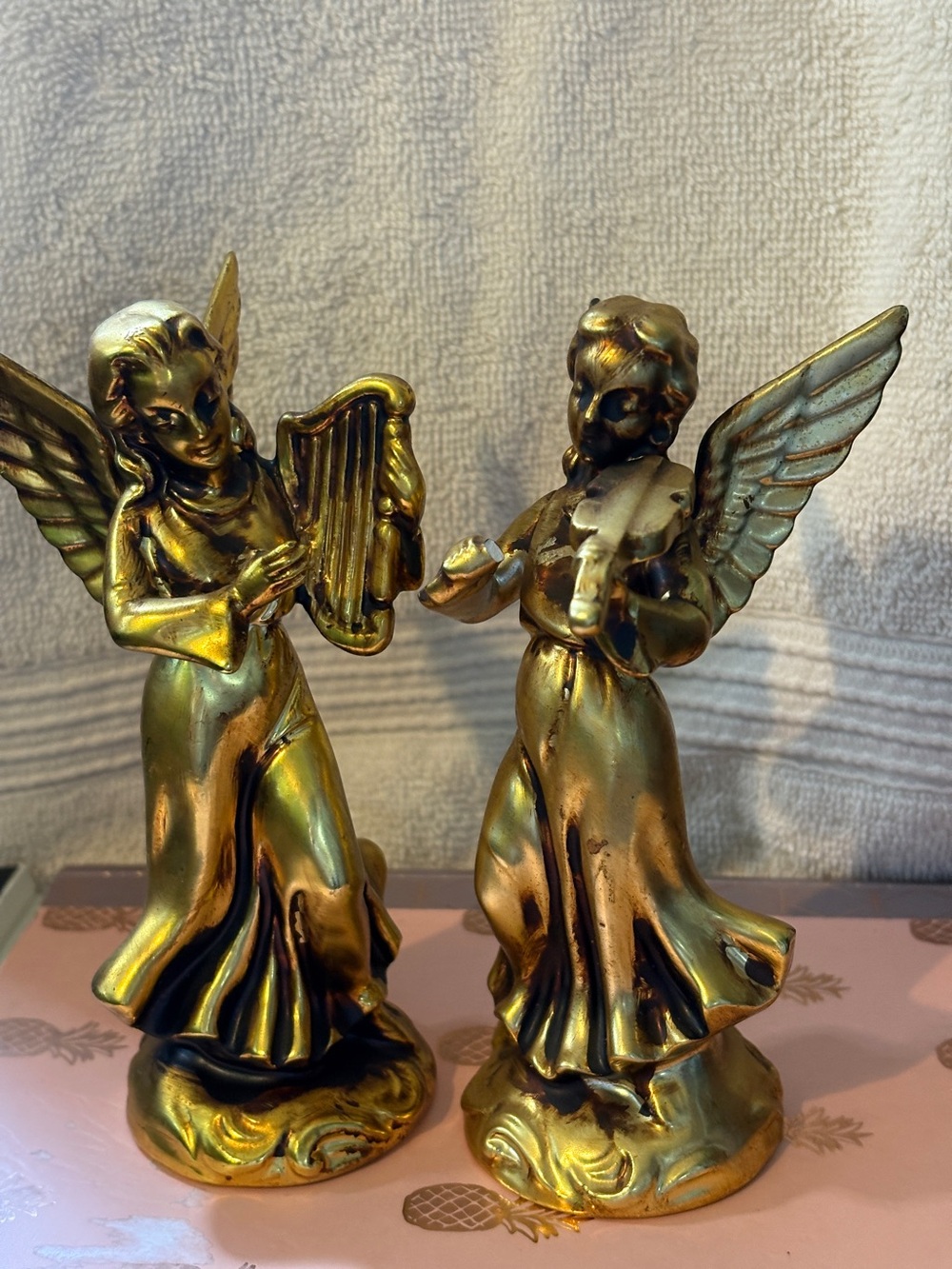 Gold Angel Figurine Pair - Musical Harp & Violin- made in Japan, probably 1960s